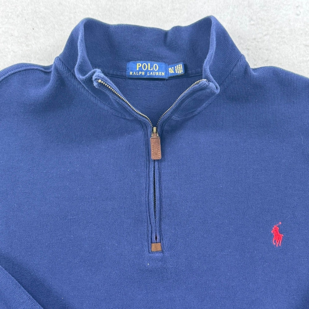 Polo Ralph Lauren Mens XLT Navy Blue 1/4 Zip Cotton Pullover Sweater Red Pony